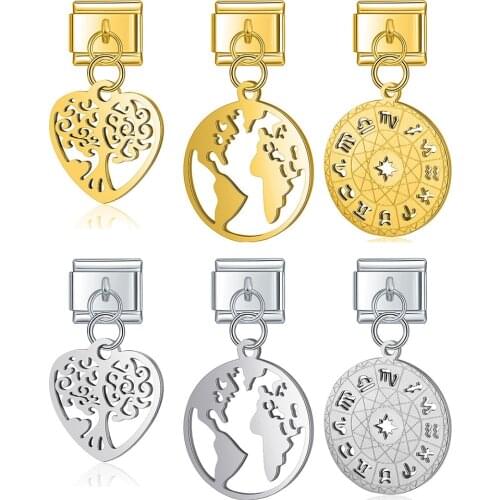 Hapiship New Fashion World Map 12 Constellation Heart Tree Charm Links Fit 9mm Bracelet Stainless Steel Jewelry Making DJ237