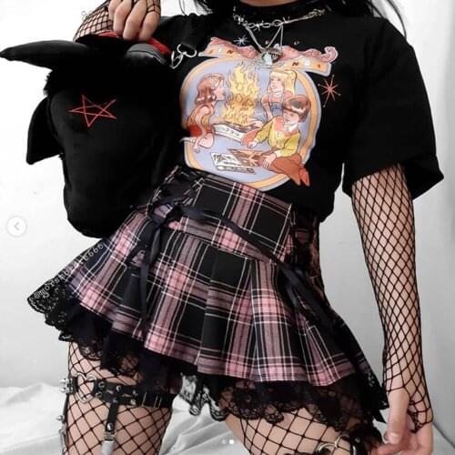 Harajuku Women Pink Plaid Skirts High Waist Lace Ruffled Mini Skirts Gothic Cross Split Bandage Skirt College Pleated Lace Skirt