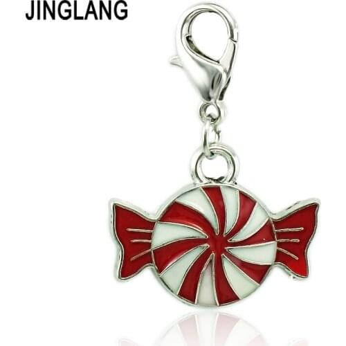 JINGLANG Christmas Classic Lobster Clasp Charms Red Enamel Christmas Candy DIY Charms For Jewelry Making Accessories Decoration
