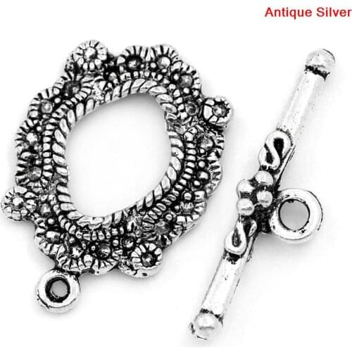 Lovely Toggle Clasps Oval Silver Color Flower Carved 24x17mm 26.5x7mm,30Sets (B25302)