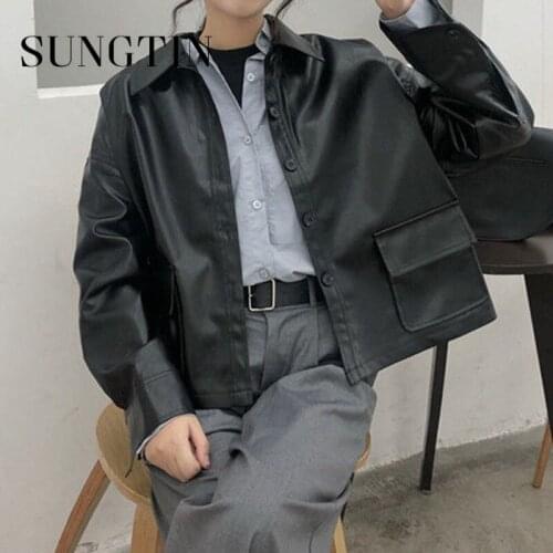 Sungtin Korean Black Loose Faux Leather Jacket Women Oversized Autumn Biker Causal PU Leather Jackets 2021 Fashion Streetwear