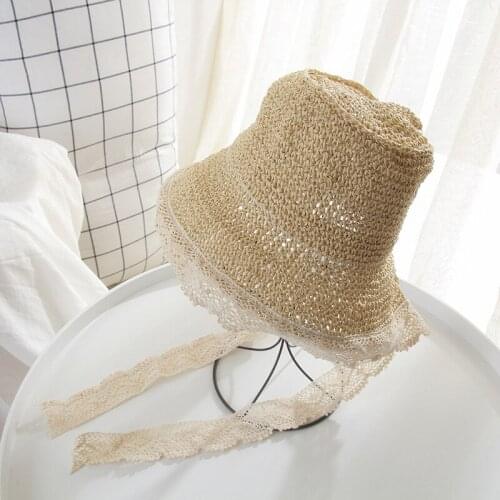 H7433 Summer Childrens Straw Sun Hat Korean Girls Sunscreen Sunshade Hand Crochet Cap Kids Outdoor Beach Lace Casual Child Caps