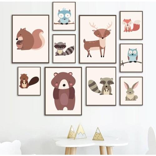 Cartoon Squirrel Owl Raccoon Deer Rabbit Bear Wall Art Canvas Painting Nordic Posters And Prints Wall Pictures Kids Room Decor