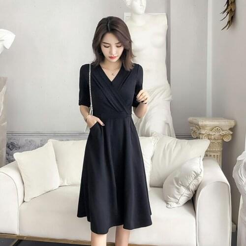 2021 Summer New High waist Short sleeve V-neck black dress Women Sexy Temperament midi dress Fashion dresses for women party