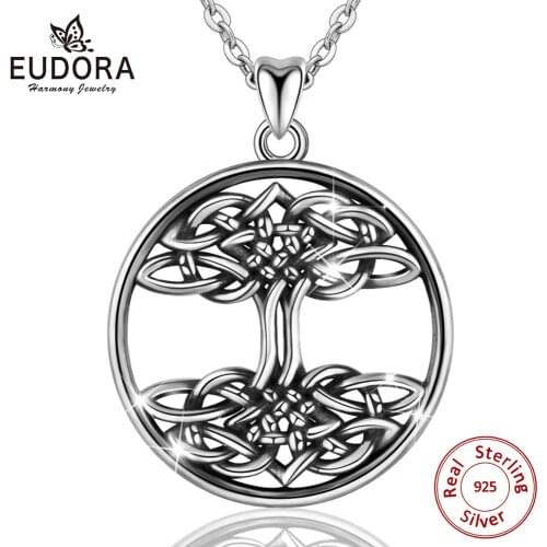 EUDORA 925 Sterling Silver irish Celtic Knot Tree Of Life Pendant Necklace For Men Women Oxidized Silver Vintage Jewelry CYD193