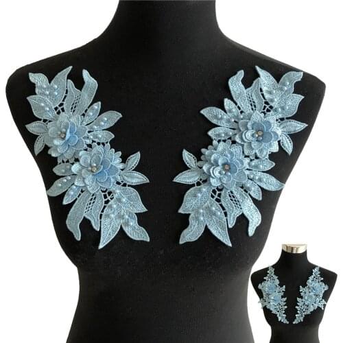 A pair of Blue Flowers Polyester Hollow ABS pearl 3D Rhinestone Dress Gorgeous DIY Lace Embroidery all for Sewing Applications
