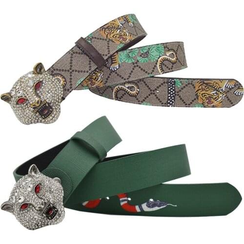 Luxury Brand Animal Tiger Leopard Rhinestone Copper Buckle Cow Printing Top Grain Genuine Leather Belt For Men Jeans