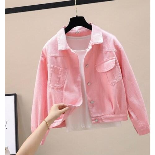 Candy-colored Womens Denim Coat New Spring Autumn Short Jacket Korean BF Style Student Pink Jean Outerwear Windbreakers Female
