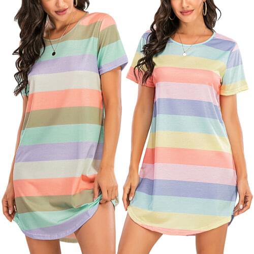 2021 New Womans Rainbow Stripe Print Nightdress Round Neck Short Sleeve Casual Loose T-Shirts Pajamas Plus Size 5XL
