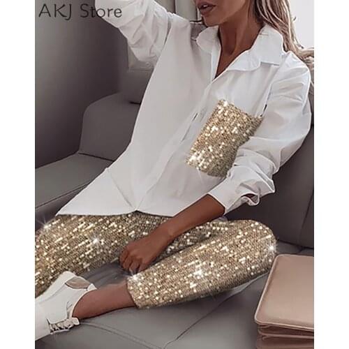 Women Sequin Long Sleeve Shirt & Glitter Shiny Pant Sets