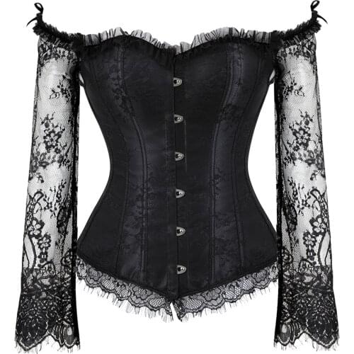 Long Sleeve Elegant Gothic Corsets Sexy Off Shoulder Lace Up Overbust Corselet Women Body Waist Trainer Cincher Shapers Bustiers
