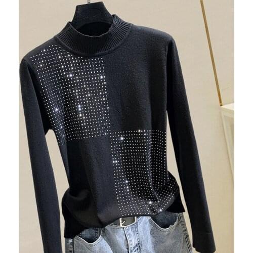 O-Neck Knitted Beaded Black Women Sweater And Pullovers Long-Sleeved Slim Elastic Office Lady Elegant Pulls Tops