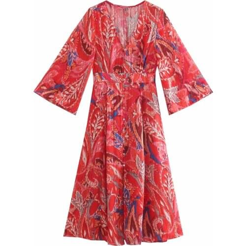 New Women Vogue Single Breasted Slit Printed Midi Dress Three Quarter Sleeve V-Neck Elastic Waist Vintage Female Dresses