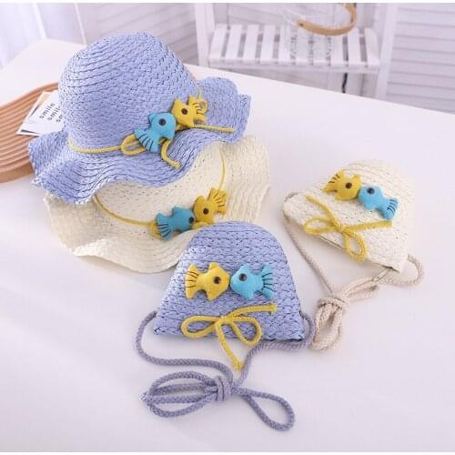 2pcs Childrens Beach Sunshade Hat Messenger Bag Set Straw Cartoon Fish Panama Hat Cute Coin Crossbody for Boy Girl Mini Handbag