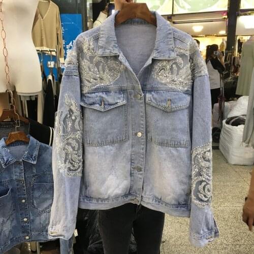 2021 New Korean Style Sequined Diamond Hollow out Denim Coat Female Stitching Mesh Loose Fashion Jean Jacket Street Coats Y994