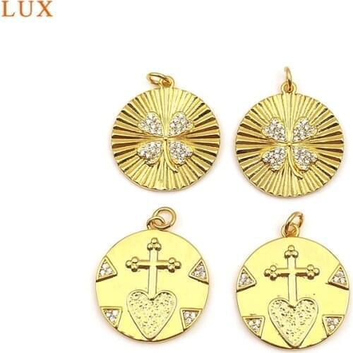 5pcs Brass Clovers Pendant Four Leaf Clovers Zircon Dainty Pendants Cross Heart Round Pendant For Women Necklace Jewelry Finding