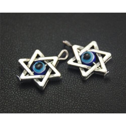 5pcs Silver Color Star Spacer With Blue Evil Eye Beads Charm Fit Bracelets Necklance DIY Metal Jewelry Making 20x13mm A121