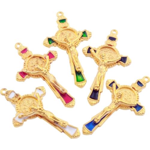 6Pcs 5Colors Enamel Saint Benedict Medal Cross Crucifix Spacer Charm Beads Pendants L1670