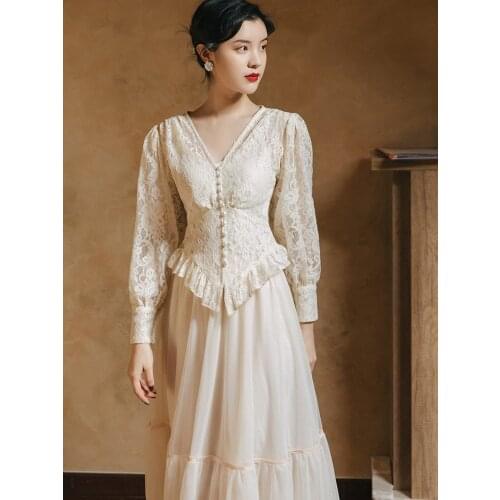 Modern Vintage Style Outfits Retro Lantern Sleeve Ruffles Elegant Lace Shirt Blouse Tops & Long Mesh Skirt 2 Piece Set Women