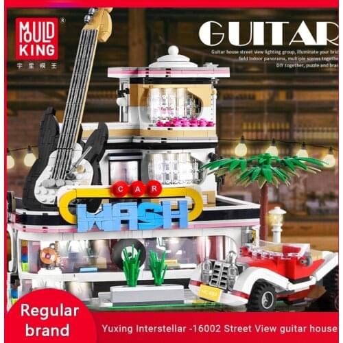 MOULD KING 16002 Street View Guitar House With Deluxe Lighting Childrens Puzzle Plunging Granule Building Block Toys Gifts