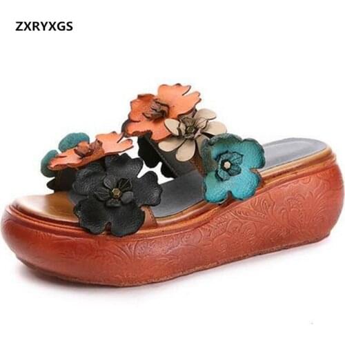 Hot 2021 New Mixed Color High-quality PU Flower Open Toe Summer Leather Slipper Heighten Shoes Fashion Slippers Wemen Sandals