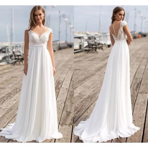 GY Chiffon Simple Beach Rustic Boho Wedding Dress Short Sleeve Backless Sweep Train Robe De Mariee Button Soft Pleat For Women