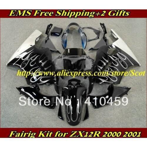 ABS White flames gloss blk Fairing kit for KAWASAKI Ninja ZX12R 00 01 ZX 12R 2000 2001 ZX-12R 00-01 2000-2001 body work