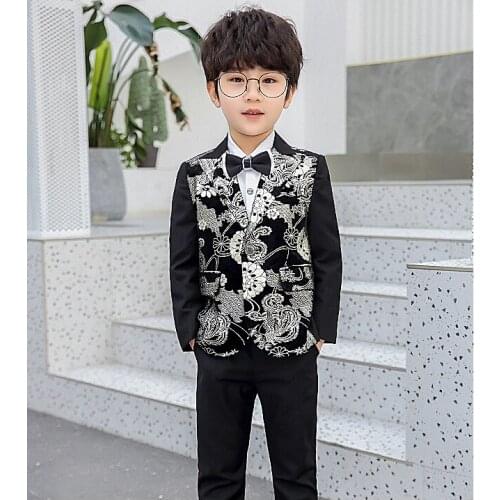 Formal Floral Printing Boys Suits 2 Pieces Set Children Prom Wedding Suit Blazer Kids Stage Performance Tuxedo Jacket with Pants