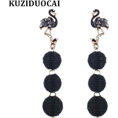 Kuziduocai New ! Fashion Fine Jewelry 6 Colors Cotton Wool Ball Swan Crystal 8.8*1.8cm Long Tassel Stud Earrings For Women E-975