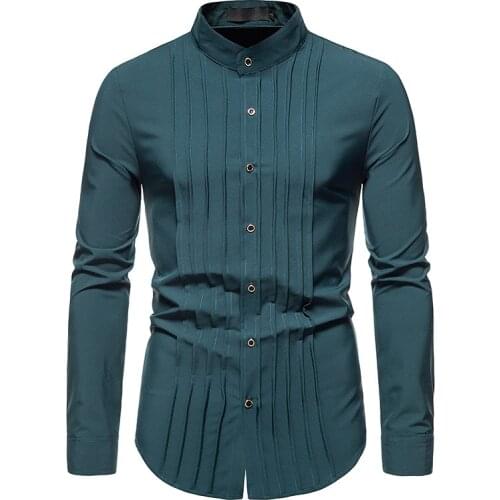 PARKLEES Mens Slim Fit Pleated Tuxedo Shirt Elegant Henry Collar Long Sleeve Solid Mens Dress Shirts Wedding Groom Party Camisas