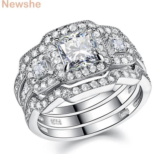 Newshe 3 Pcs Wedding Ring Set Classic Jewelry 925 Sterling Silver Princess Cut AAAAA CZ Engagement Rings For Women Size 5-12