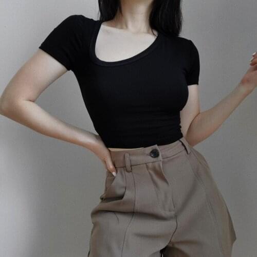 WOMENGAGA Slant Shoulder Design New Summer Stretch Fashionable And Versatile Tight And Popular Irregular Sexy Navel Bare V6KI