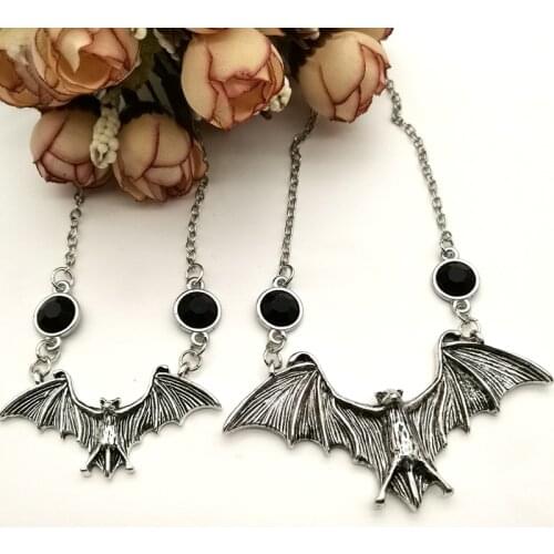 Men Women Black Enamel Stainless Steel Vampire Alchemy Flying Bat Pendant Necklace