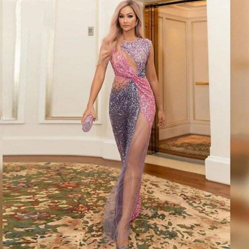 Eightree Sexy High Side Split Mermaid Prom Dresses Shiny Mix Color Sequined Long Prom Gowns Fuchsia Purple Formal Party Dress
