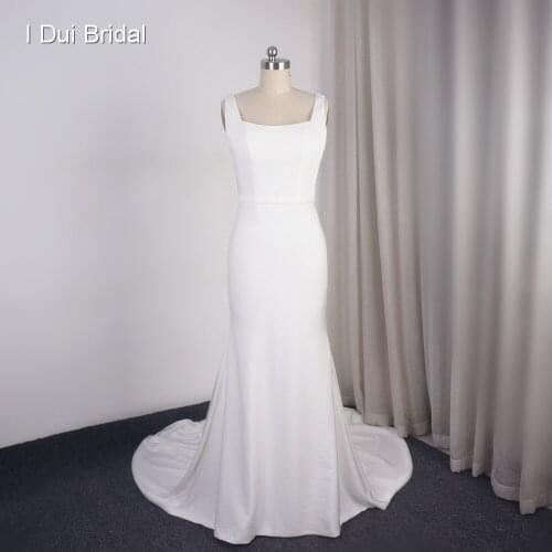 Simple Sheath Wedding Dress Crepe Sequare Neck Bridal Gown Factory Custom Made