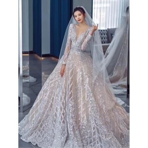 Romantic Wedding Dress 2021 Bridal Gown Long Sleeves V Neck Lace Applique Chaple Train Luxury Dubai Style Plus Size Custom Made