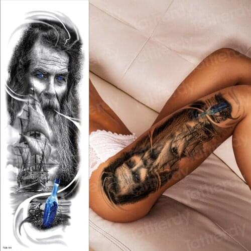 Waterproof temporary arm sleeve tattoo large black pirate king owl skull rose fake tatoo women water transfer body sticker sheet