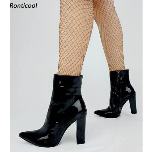 Ronticool Handmade Women Winter Ankle Boots Unisex Patent Side Zipper Block Heels Pointed Toe Black Shoes Plus US Size 5-15