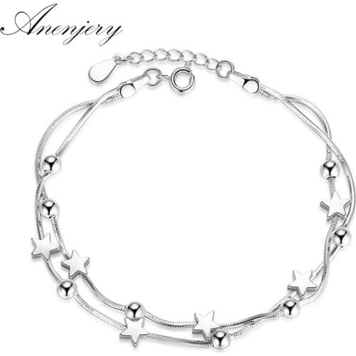 ANENJERY 925 Sterling Silver Bracelets For Women Double Layer Star Square Box Round Beads Bracelets & Bangles pulseira S-B115