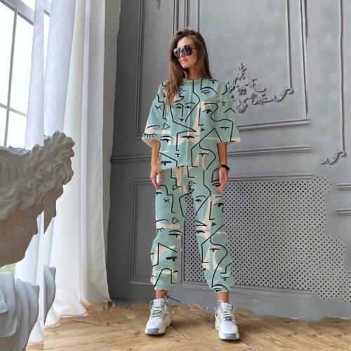 Abstract Face Print Two Piece Set Women Vintage Oversized Loose Short Sleeve Top and Pencil Pants Casual Suit 2021 Summer New