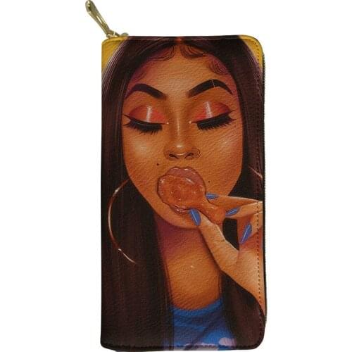 HYCOOL Female Wallet African Black Girl Food Chicken Leg Printed Ladies Casual Long PU Leather Purse Bag for Women Zipper Clutch