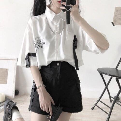 [Two-piece suit] Loose Collar Short Sleeve Shirt + Wide Leg Overalls Shorts BF Wind Summer Suit Female Student Dropshipping Tops