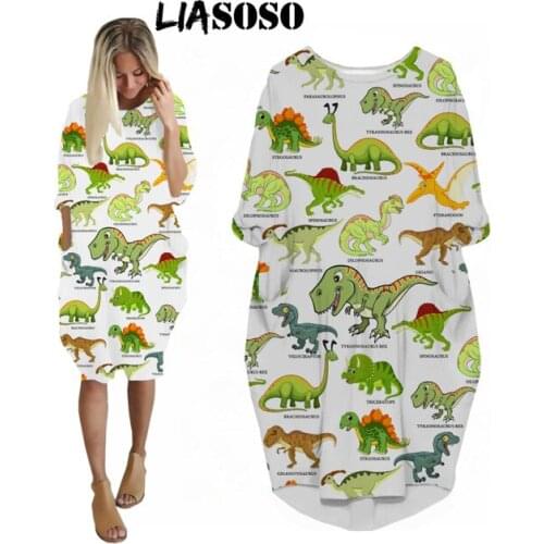 LIASOSO Jurassic Dinosaur Anime Ladies Dress 3D Print Cartoon Animal Women Beautiful Long Sleeve Knee-Length Sexy Pocket Skirt