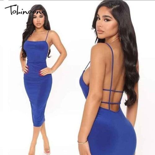 Tobinoone Backless Bodycon Dress Criss Cross Spaghetti Strap High Waist Sexy Midi Dresses Solid Summer Evening Party Vestidos