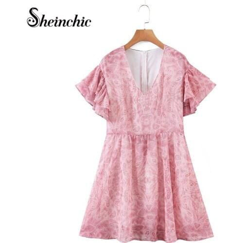 Runway Designers Dress 2021 Women Summer Elegant V-neck Short Sleeve Pink Floral Chiffon Dresses