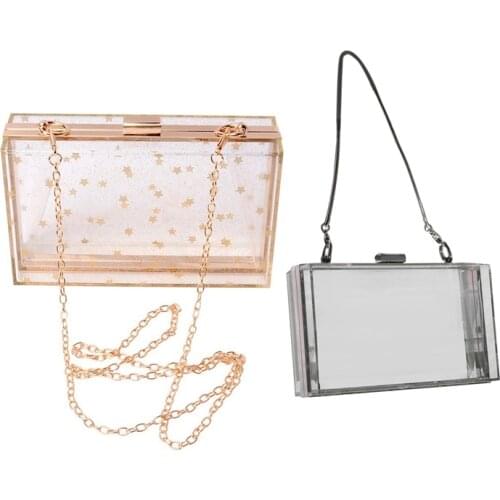 2 Pcs Acrylic Transparent Clutch Chain Box Women Shoulder Bags Hard Wedding Party Evening Purse Silver & Clear + Gold