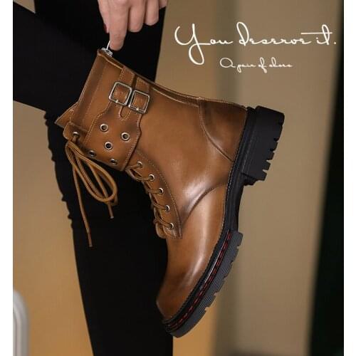 2021 New Winter Women Boots Brock Retro Genuine Leather Round Toe Low Heel Shoes Women Ankle Boots Chelsea zapatos de mujer