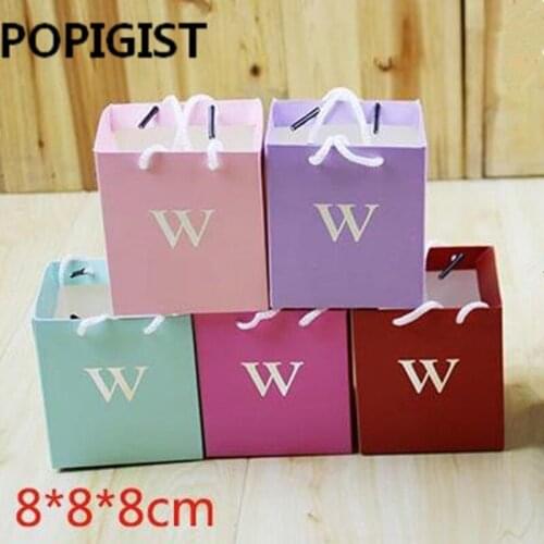 8*8*8cm Luxury Delicate Gilding Letter W Wedding Day Loots Bag Paper Hand Bag with Handle for Engagement Bridal Favor 12pcs