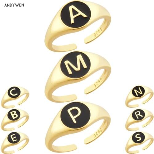 ANDYWEN 925 Sterling Silver Letter A P Letter M Initial Alphabet Resizable Ring Women Adjustable Circle Luxury Jewelry Rock Punk