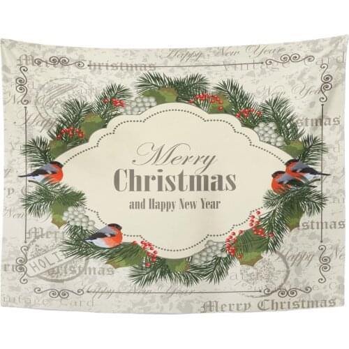 Tapestry Colorful Garland Christmas and New Year with Bullfinches Pine Branches Rowan Berries Vintage Green Tapestries Wall Hang